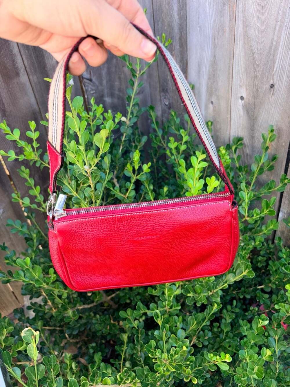 Burberry Red Pebbled Leather Shoulder Bag With Stripe Strap